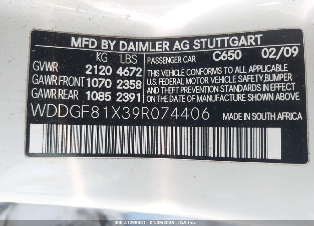 2009 MERCEDES-BENZ C 300 LUXURY 4MATIC/SPORT 4MATIC VIN: WDDGF81X39R074406