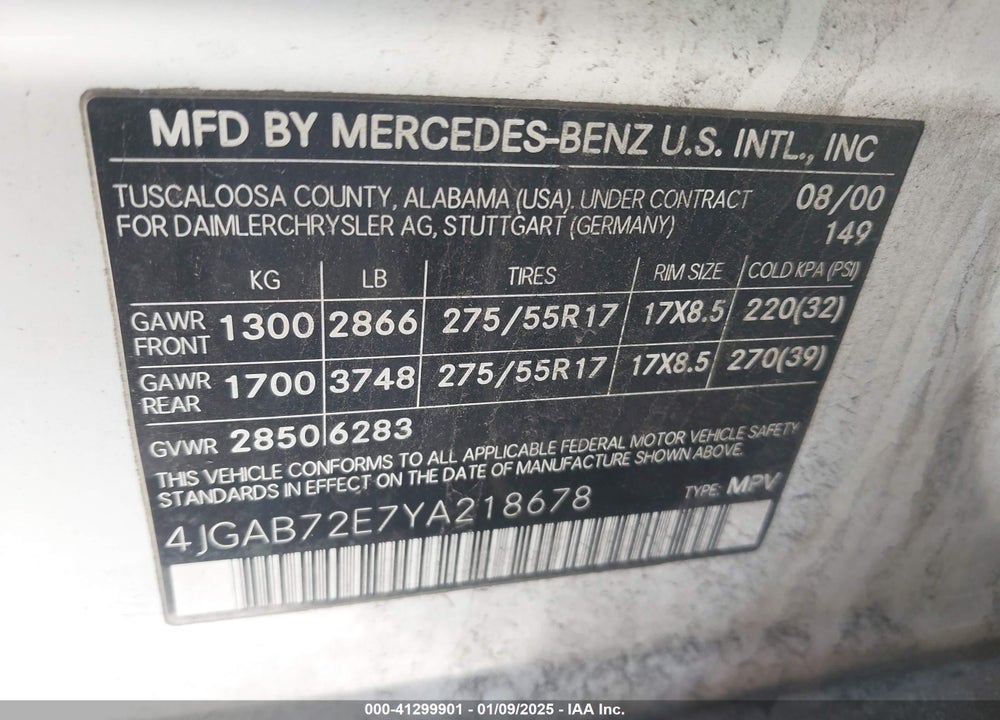 2000 MERCEDES-BENZ ML 430 VIN: 4JGAB72E7YA218678
