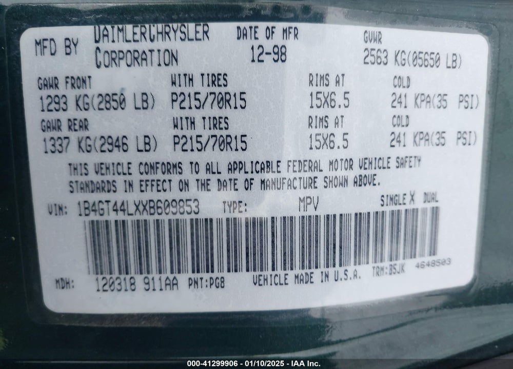 1999 DODGE GRAND CARAVAN SE VIN: 1B4GT44LXXB609853