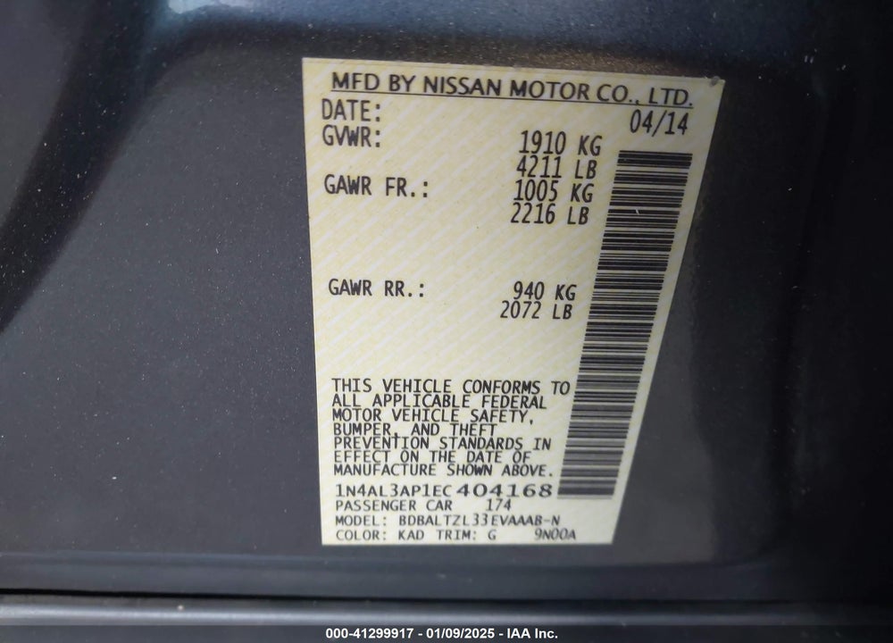 2014 NISSAN ALTIMA 2.5/2.5 S/2.5 SL/2.5 SV VIN: 1N4AL3AP1EC404168
