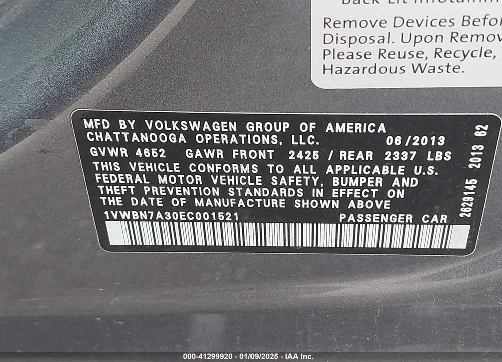 2014 VOLKSWAGEN PASSAT 2.0L TDI SE VIN: 1VWBN7A30EC001521