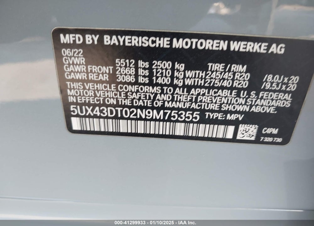 2022 BMW X4 M40I VIN: 5UX43DT02N9M75355