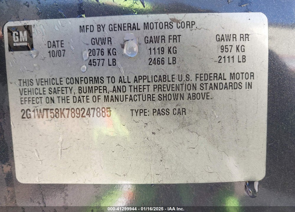 2008 CHEVROLET IMPALA LT VIN: 2G1WT58K789247885