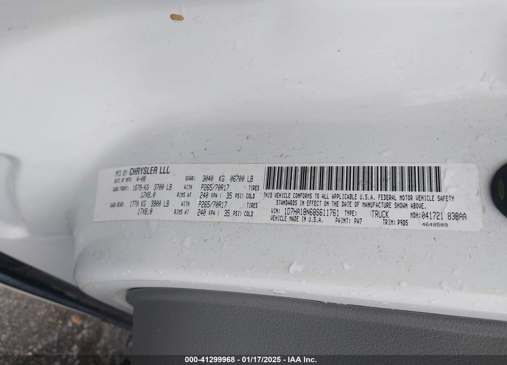 2008 DODGE RAM 1500 ST/SXT VIN: 1D7HA18N68S611761