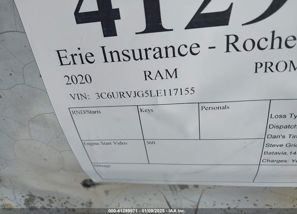 2020 RAM PROMASTER 3500 CARGO VAN HIGH ROOF 159 WB EXT VIN: 3C6URVJG5LE117155