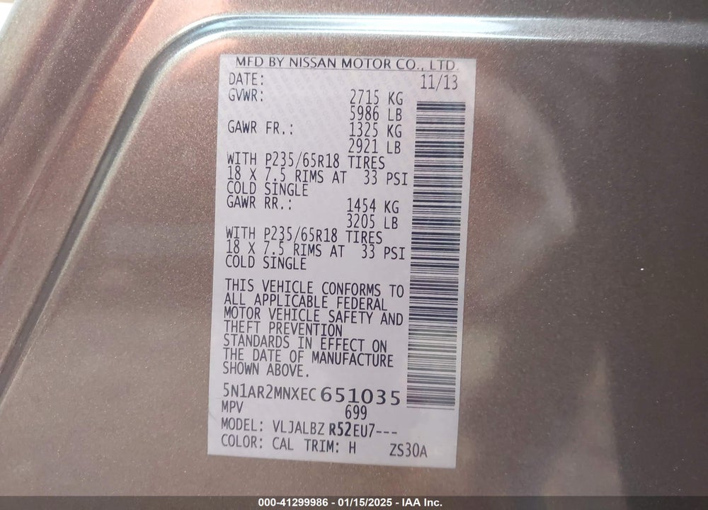 2014 NISSAN PATHFINDER S VIN: 5N1AR2MNXEC651035