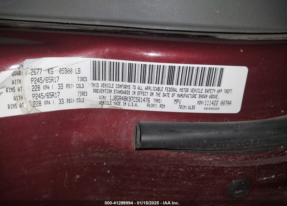 2007 JEEP GRAND CHEROKEE LAREDO VIN: 1J8GR48K97C561476