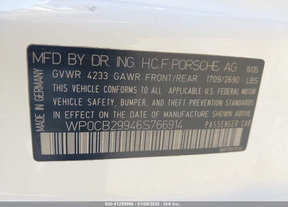 2006 PORSCHE 911 VIN: WP0CB29946S766914