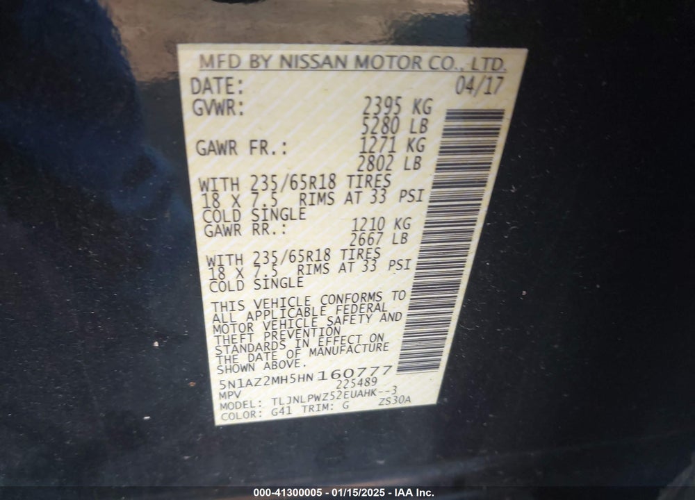2017 NISSAN MURANO S VIN: 5N1AZ2MH5HN160777