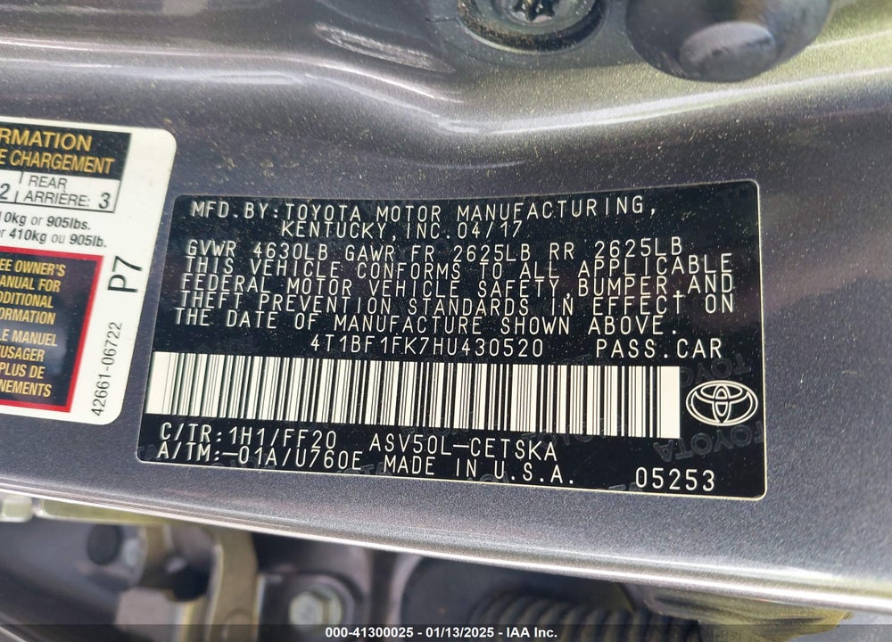 2017 TOYOTA CAMRY SE VIN: 4T1BF1FK7HU430520