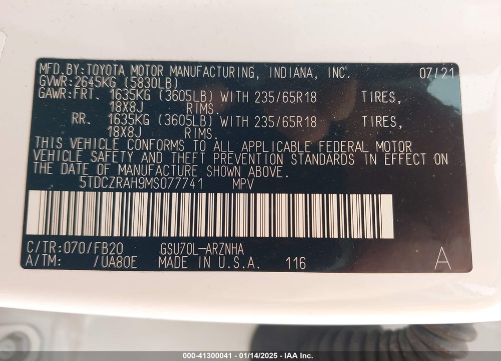 2021 TOYOTA HIGHLANDER L VIN: 5TDCZRAH9MS077741