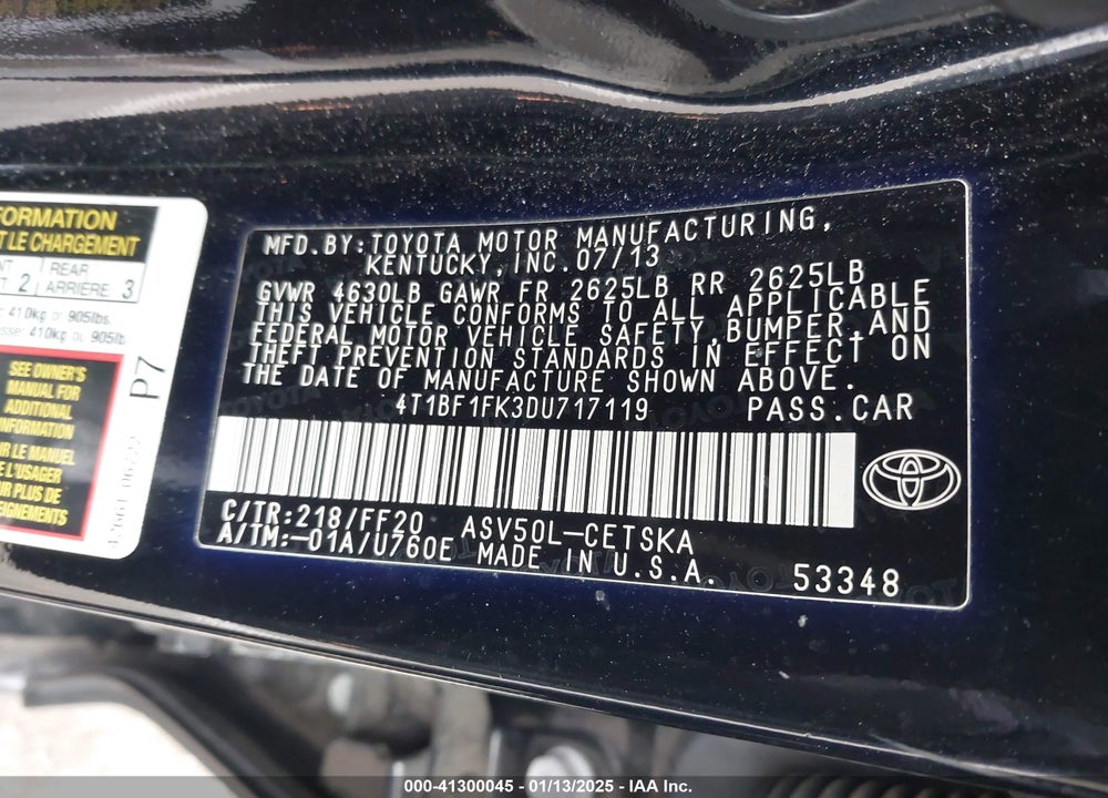 2013 TOYOTA CAMRY SE VIN: 4T1BF1FK3DU717119