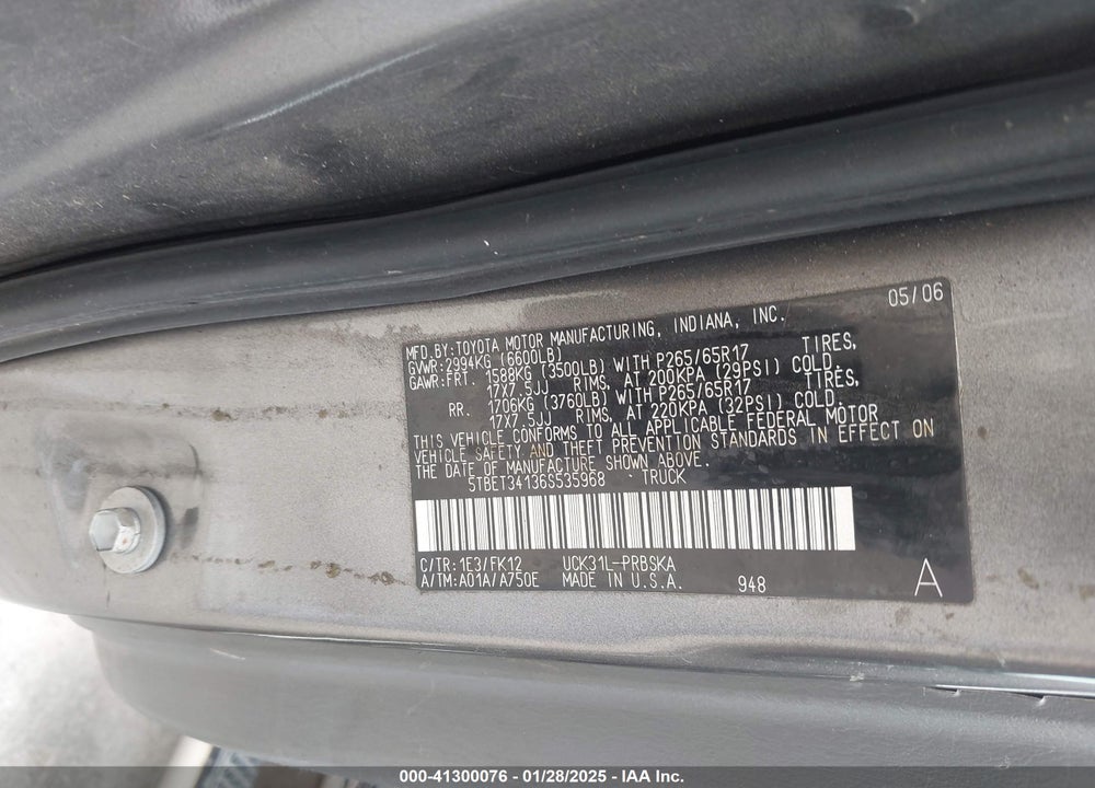 2006 TOYOTA TUNDRA SR5 V8 VIN: 5TBET34136S535968