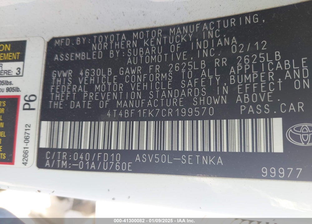 2012 TOYOTA CAMRY LE VIN: 4T4BF1FK7CR199570