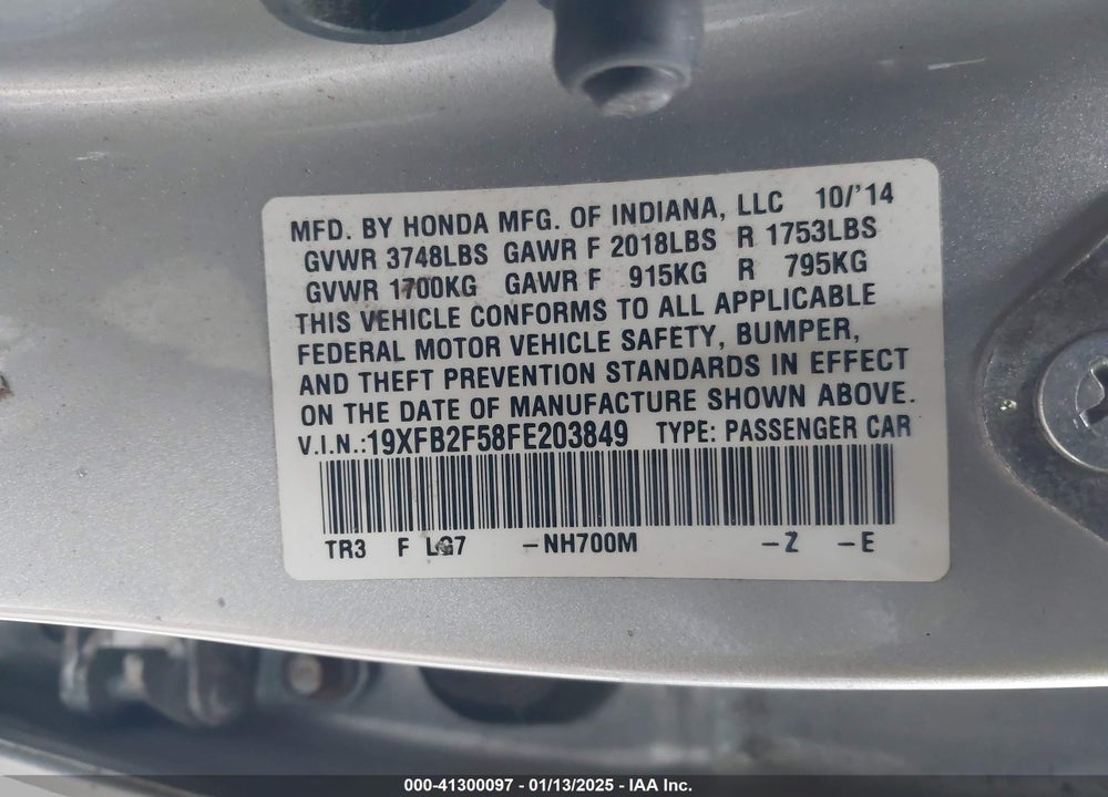 2015 HONDA CIVIC VIN: 19XFB2F58FE203849