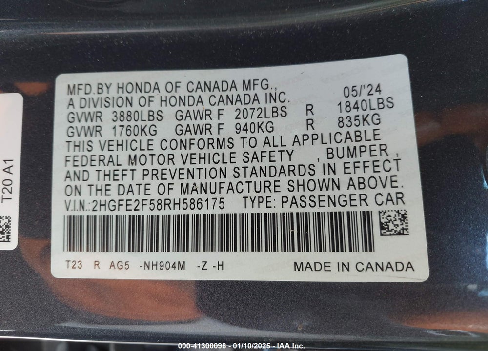 2024 HONDA CIVIC SPORT VIN: 2HGFE2F58RH586175