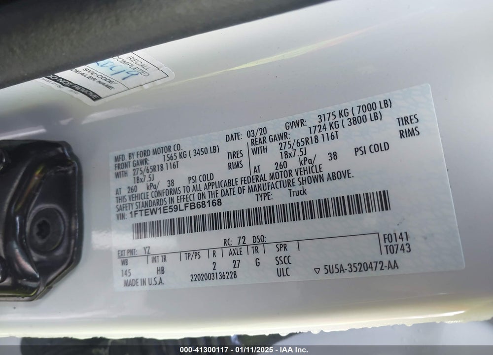 2020 FORD F-150 LARIAT VIN: 1FTEW1E59LFB68168