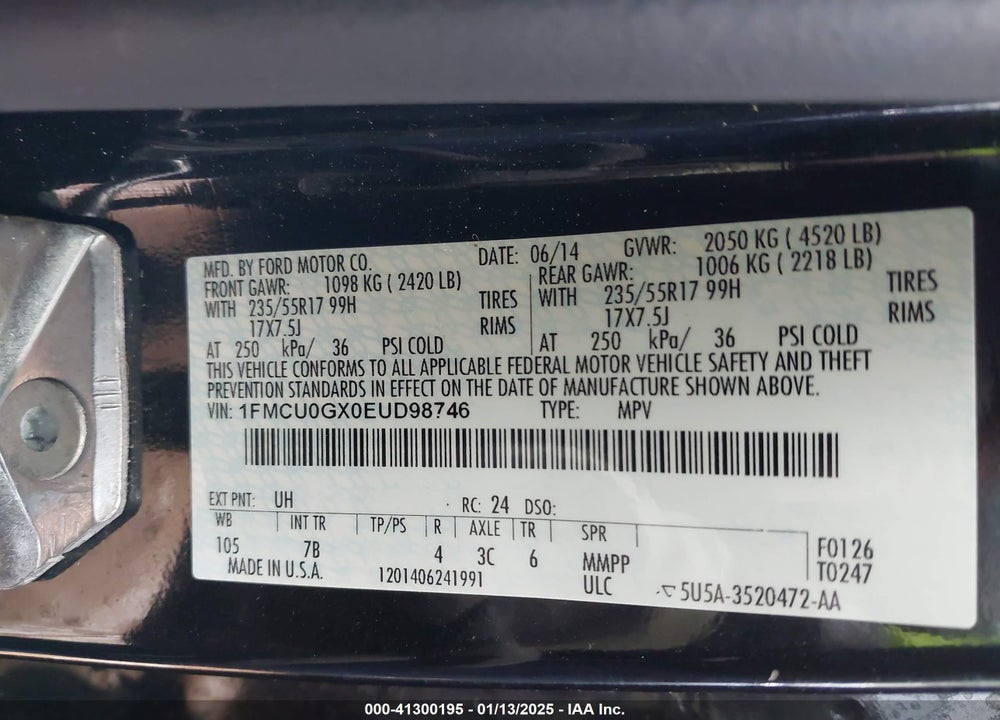 2014 FORD ESCAPE VIN: 1FMCU0GX0EUD98746