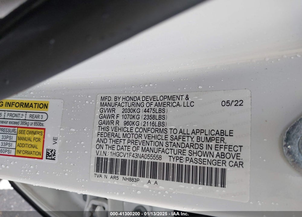 2022 HONDA ACCORD VIN: 1HGCV1F43NA055558