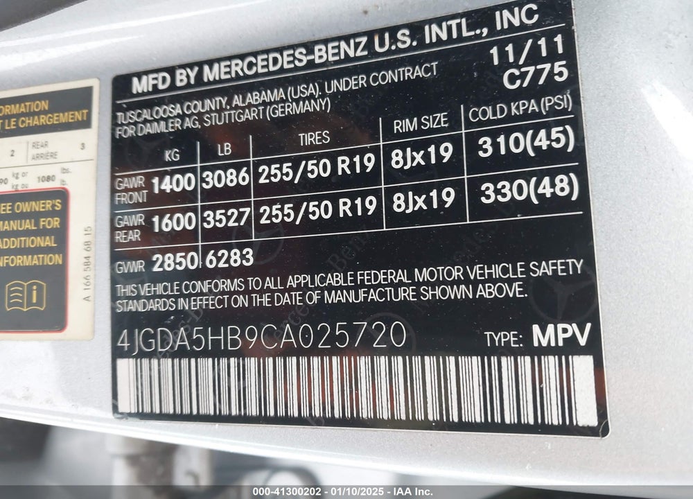2012 MERCEDES-BENZ ML 350 4MATIC VIN: 4JGDA5HB9CA025720