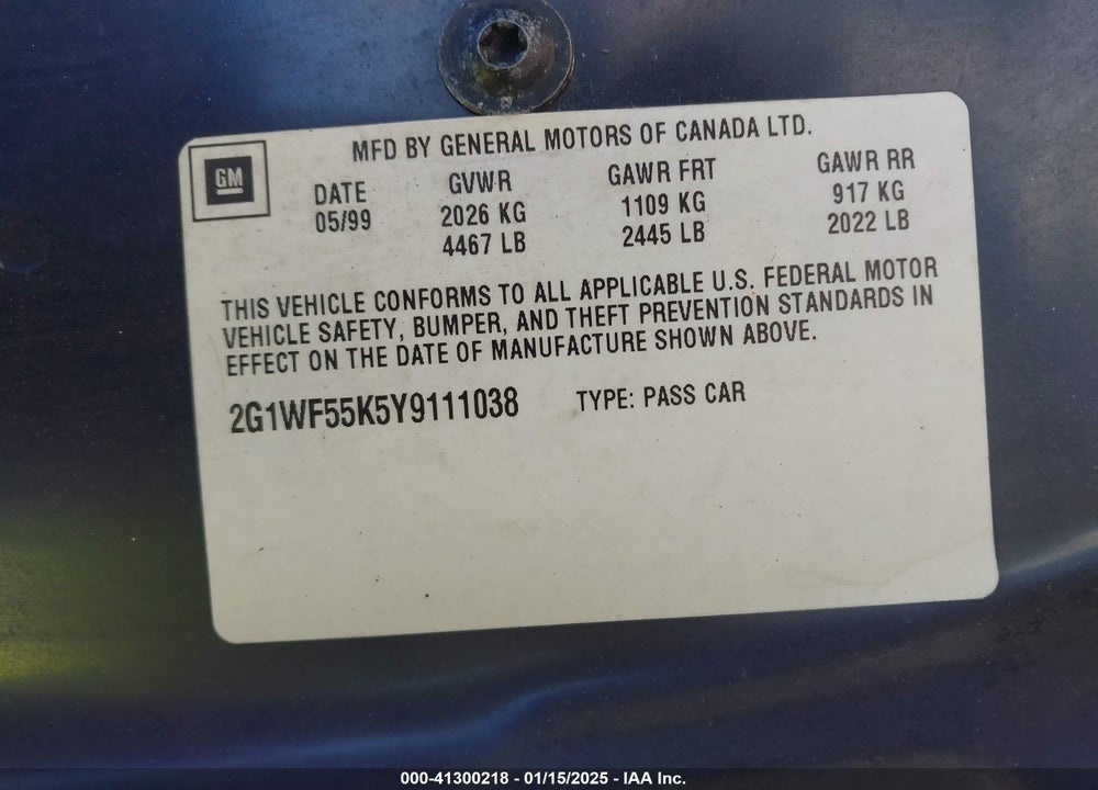 2000 CHEVROLET IMPALA VIN: 2G1WF55K5Y9111038
