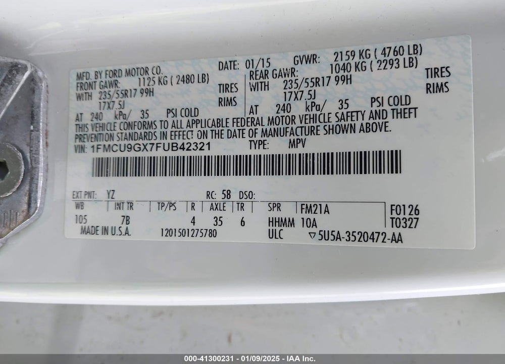 2015 FORD ESCAPE SE VIN: 1FMCU9GX7FUB42321