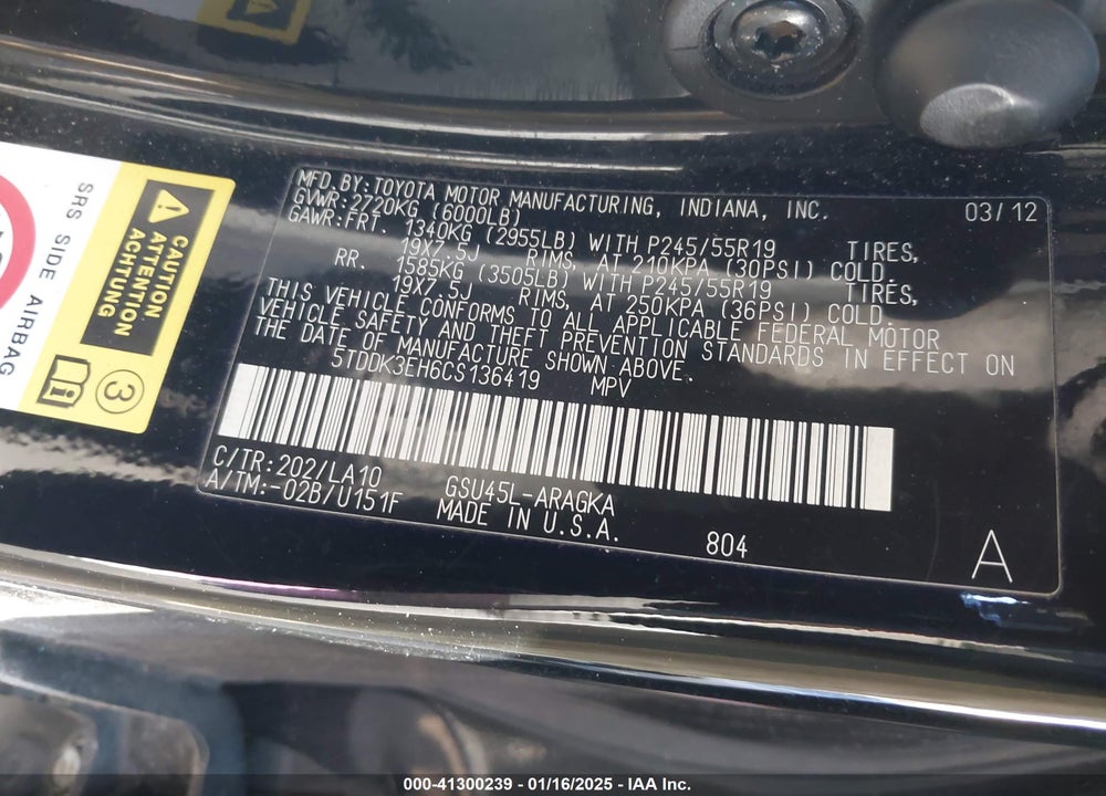 2012 TOYOTA HIGHLANDER LIMITED V6 VIN: 5TDDK3EH6CS136419