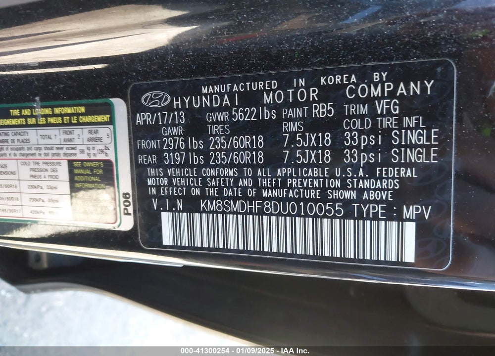 2013 HYUNDAI SANTA FE GLS VIN: KM8SMDHF8DU010055