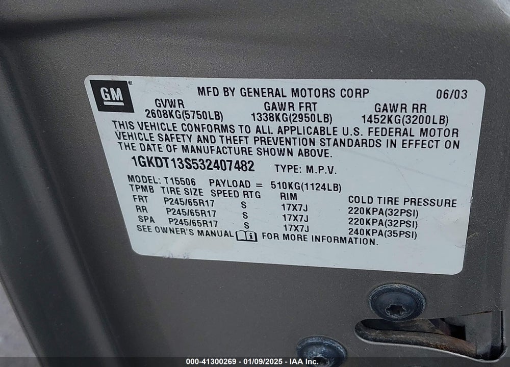 2003 GMC ENVOY SLE VIN: 1GKDT13S532407482