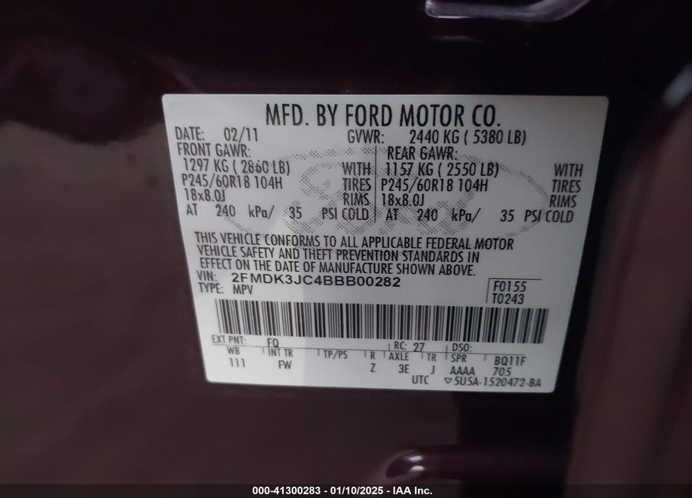 2011 FORD EDGE SEL VIN: 2FMDK3JC4BBB00282