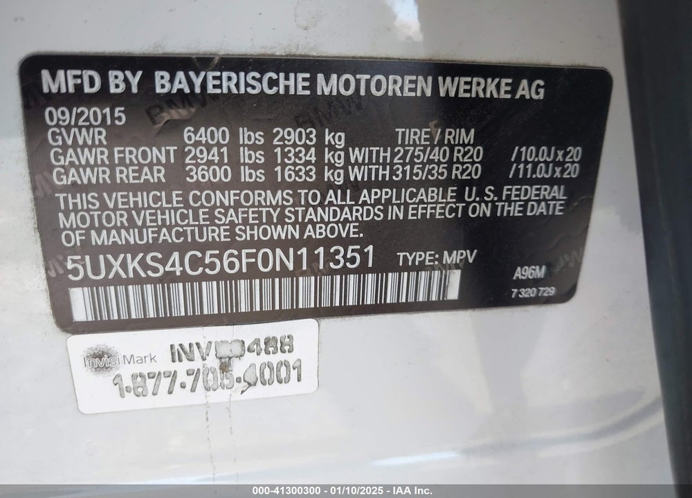 2015 BMW X5 XDRIVE35D VIN: 5UXKS4C56F0N11351
