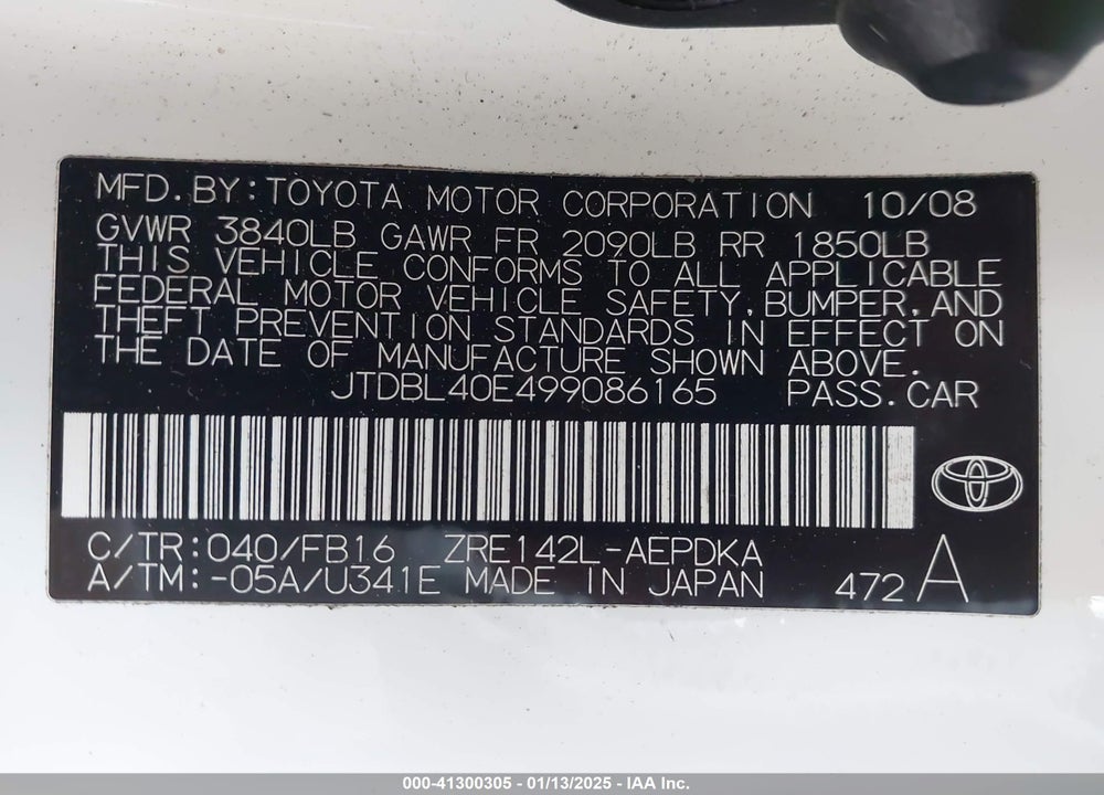 2009 TOYOTA COROLLA VIN: JTDBL40E499086165