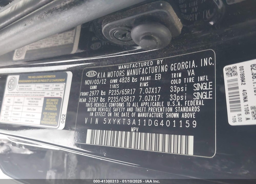 2013 KIA SORENTO VIN: 5XYKT3A11DG401159