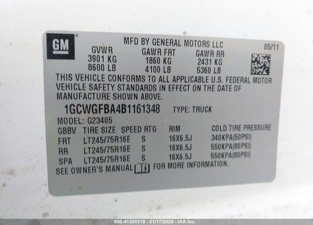 2011 CHEVROLET EXPRESS 2500 WORK VAN VIN: 1GCWGFBA4B1161348