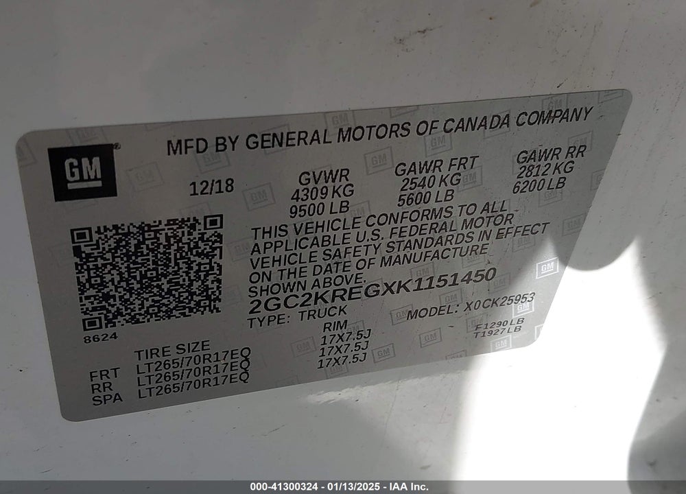 2019 CHEVROLET SILVERADO 2500HD VIN: 2GC2KREGXK1151450