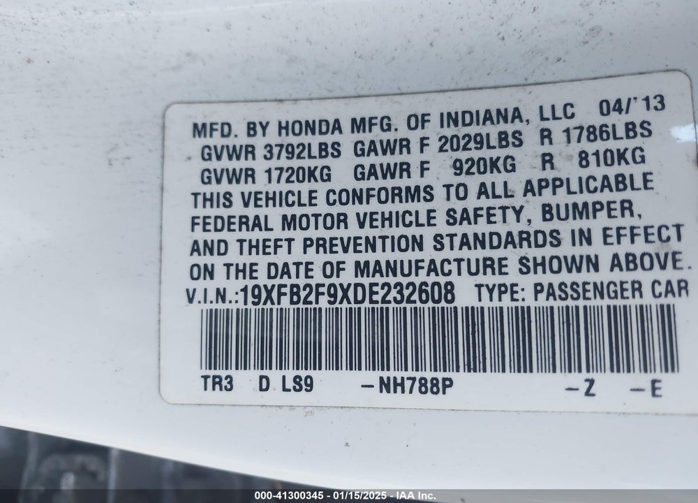 2013 HONDA CIVIC VIN: 19XFB2F9XDE232608