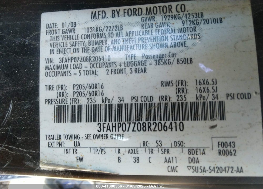 2008 FORD FUSION VIN: 3FAHP07Z08R206410