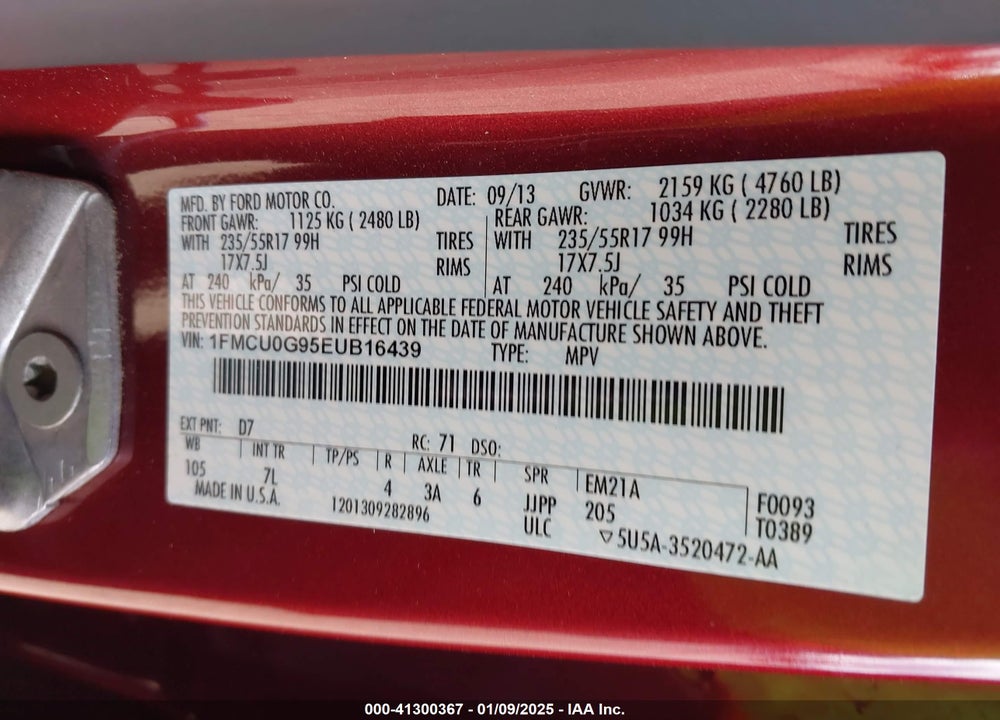 2014 FORD ESCAPE SE VIN: 1FMCU0G95EUB16439