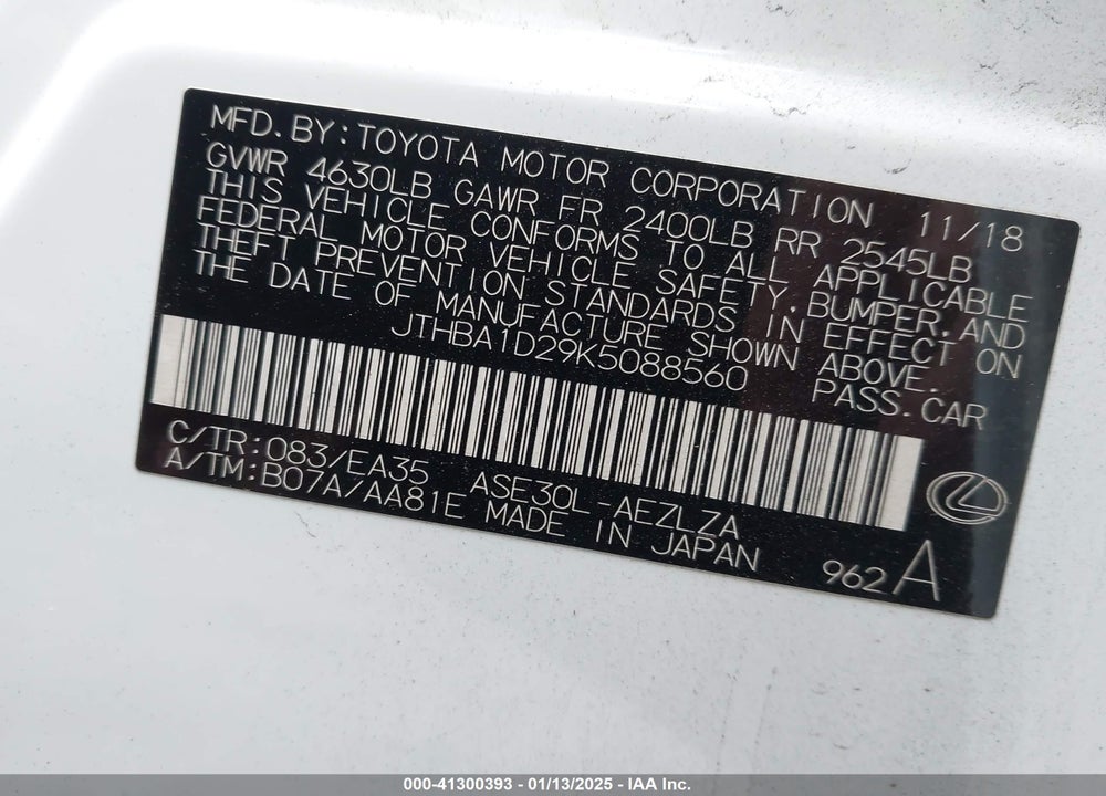 2019 LEXUS IS 300 VIN: JTHBA1D29K5088560