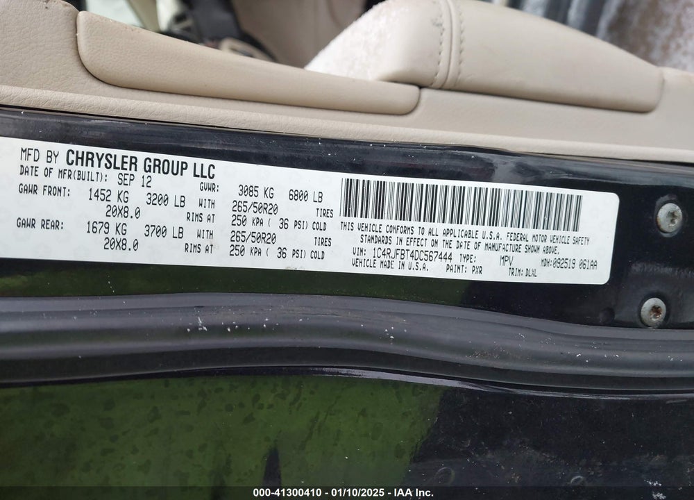 2013 JEEP GRAND CHEROKEE VIN: 1C4RJFBT4DC567444
