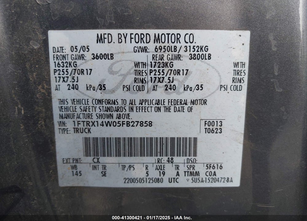 2005 FORD F-150 STX/XL/XLT VIN: 1FTRX14W05FB27858