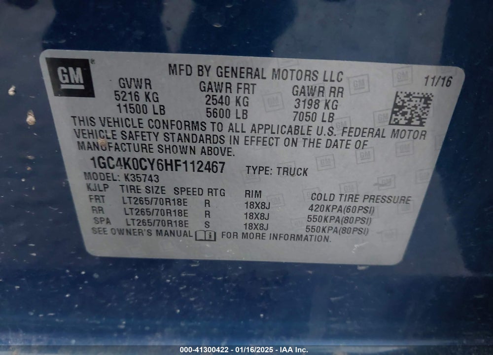 2017 CHEVROLET SILVERADO 3500HD LTZ VIN: 1GC4K0CY6HF112467