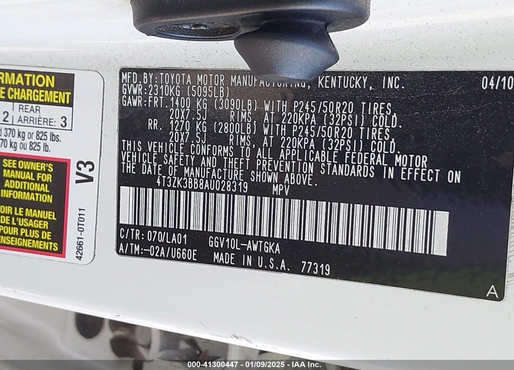 2010 TOYOTA VENZA BASE V6 VIN: 4T3ZK3BB8AU028319