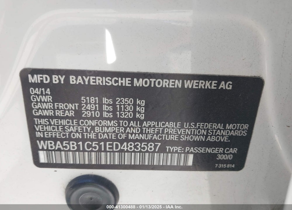 2014 BMW 535I VIN: WBA5B1C51ED483587