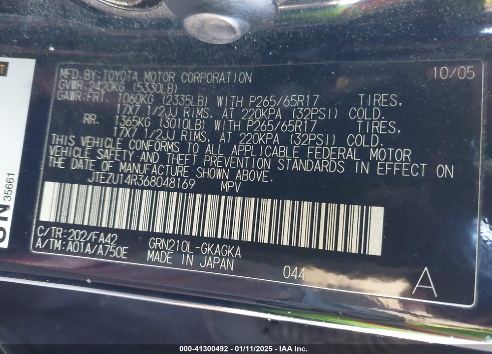 2006 TOYOTA 4RUNNER SR5 V6 VIN: JTEZU14R368048169