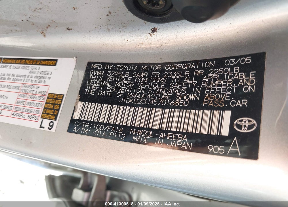 2005 TOYOTA PRIUS VIN: JTDKB20U457016850