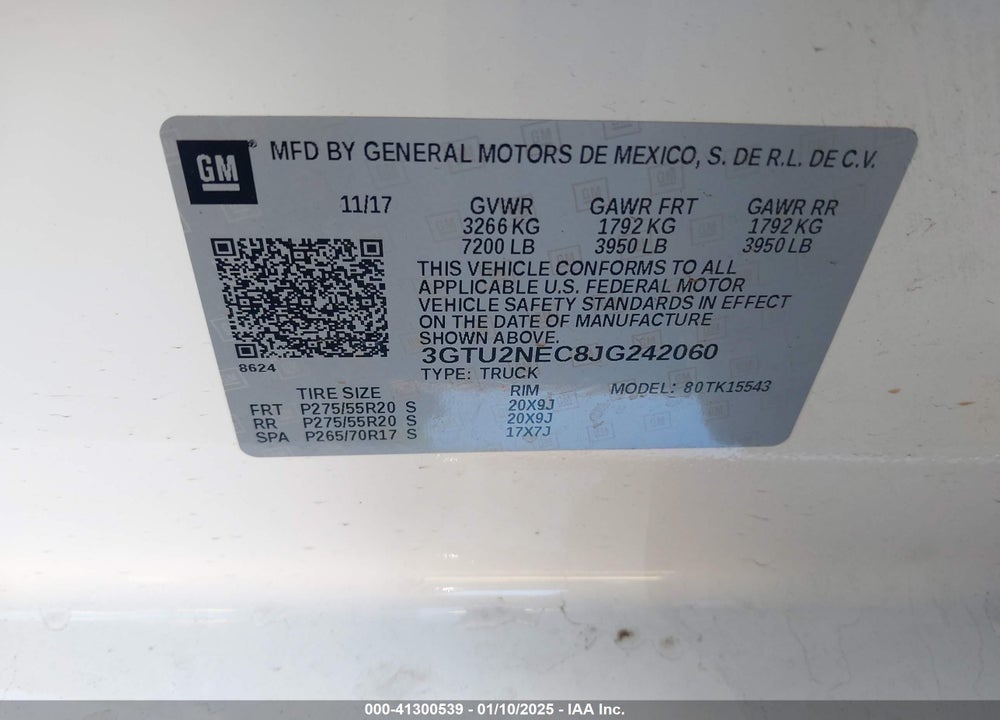 2018 GMC SIERRA 1500 VIN: 3GTU2NEC8JG242060