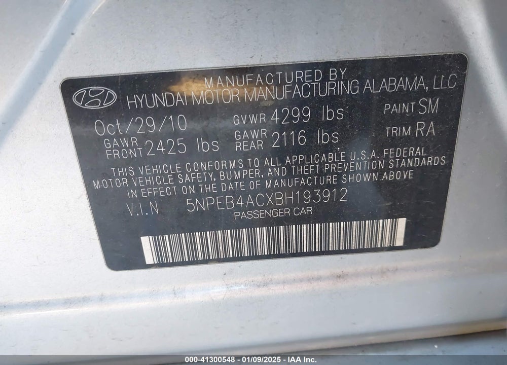 2011 HYUNDAI SONATA VIN: 5NPEB4ACXBH193912