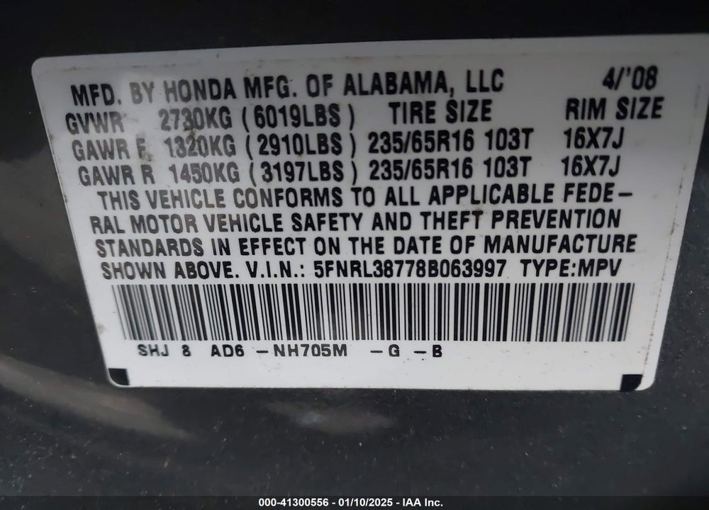 2008 HONDA ODYSSEY EX-L VIN: 5FNRL38778B063997