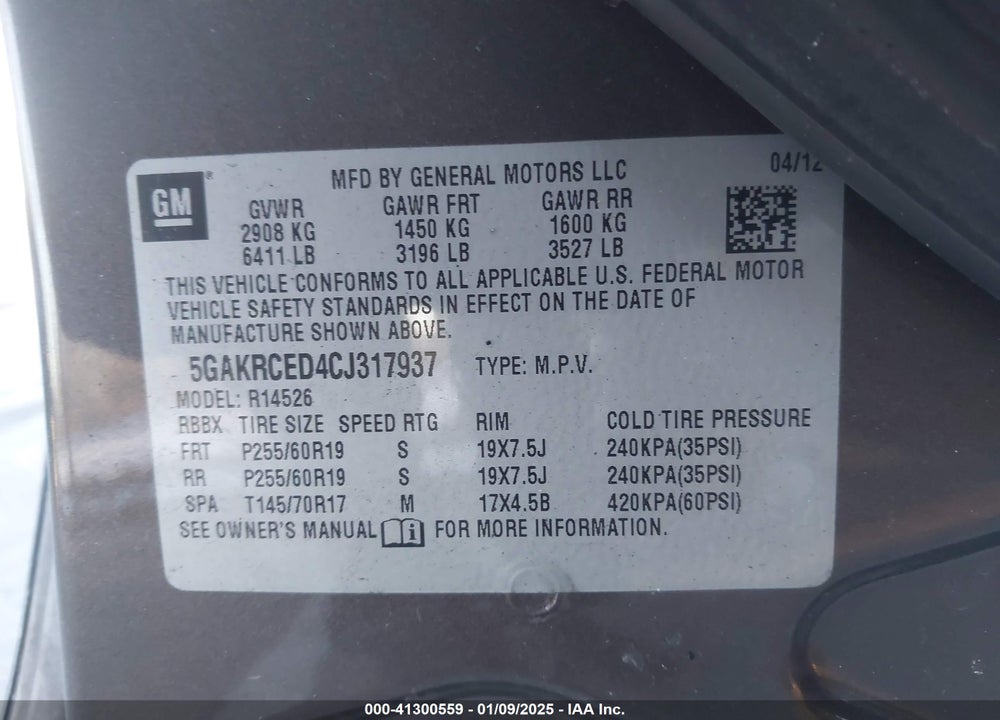 2012 BUICK ENCLAVE VIN: 5GAKRCED4CJ317937